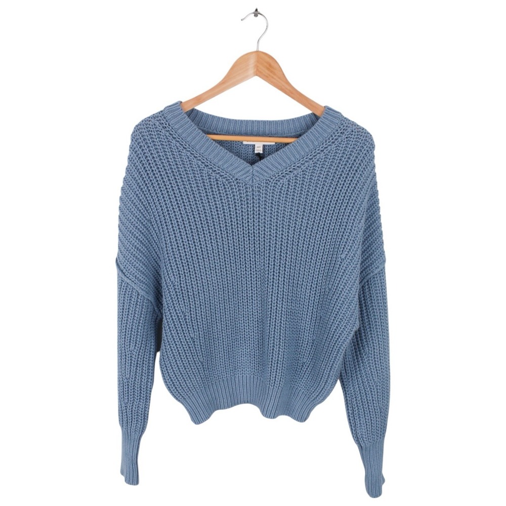 Banana Republic Chunky Knit V Neck Sweater Blue XXS Cotton Blend‎ NWT